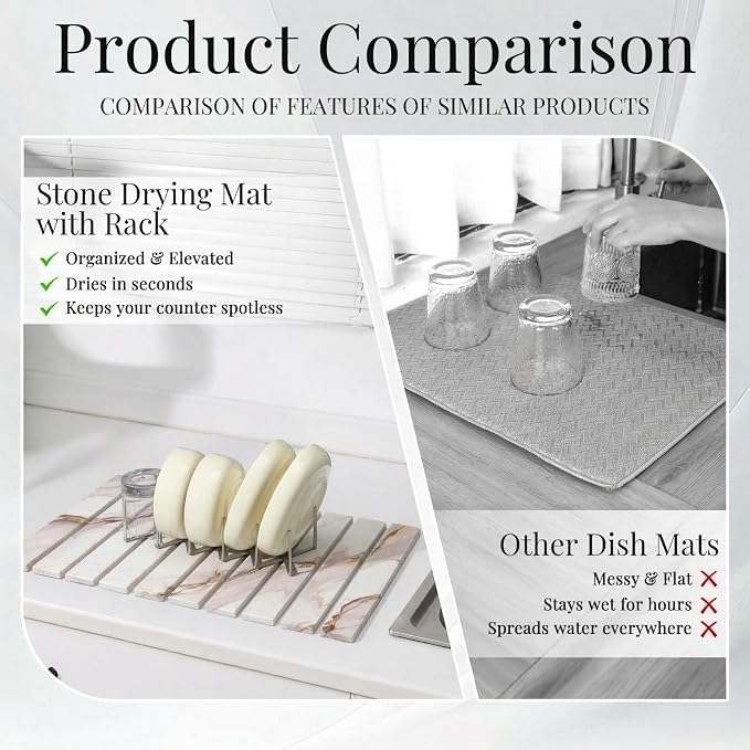 Diatomaceous Stone Dish Drying Mat with Collapsible Steel Rack - Quick Dry Kitchen Counter Set, Space Saving Foldable Dryer (White Marble, 23.6" x 15.3")