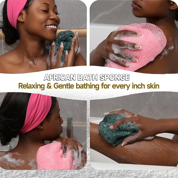 SubSahara Authentic African Net Sponge - 2 Pack Exfoliating Bath & Shower Loofah Sponge for Body & Face, Gentle Scrubber for All Skin Types, Travel, Durable (Ligh Pink & Teal)