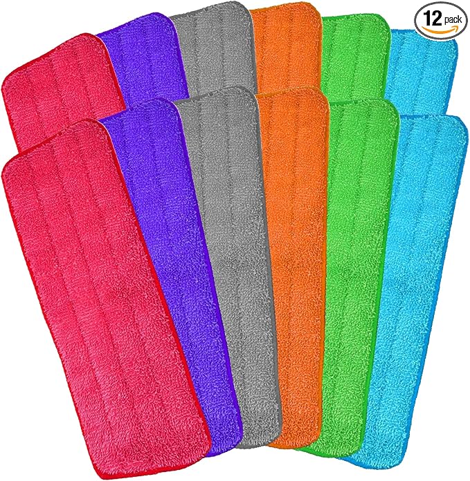 12Pack Microfiber Mop Pads,Reusable and Washable Spray Mop Pads, Colorful | 18.5 x 6.3 Inch, Wet and Dry Household Mop Pad Replacement, Set of 12(Colorful)