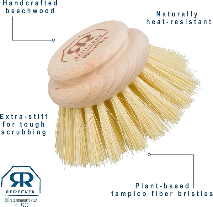 Redecker Dish Brush Replacement Head, Tampico Fiber, 2 Inch Round – Wooden Replacement Brush Head for Dishes & Cookware, Made in Germany