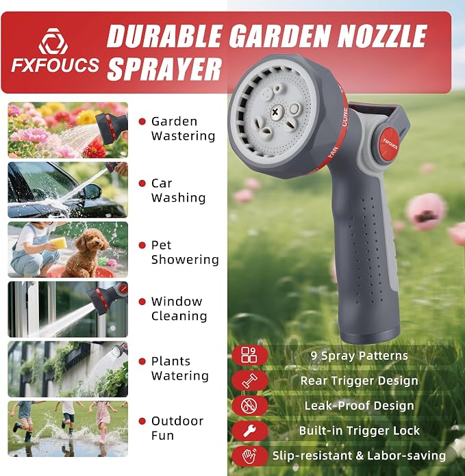 Metal Garden Hose Nozzle Heavy Duty - 9 Spray Patterns, THUMB CONTROL On Off Valve Hose Sprayer Nozzle for Watering Plants & Lawns, Washing Cars & Pets - Outdoor Water Hose Nozzle Head Attachment