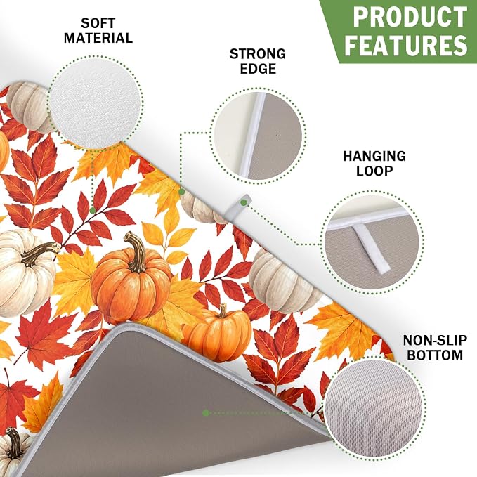 Fall Pumpkin Dish Drying Mat for Kitchen Counter 16x18 Inch Autumn Pumpkins Maple Leaves Drying Mats Thanksgiving Absorbent Reversible Dish Pad Fast Dry Drainer Mat Protector for Countertop Coffee Bar