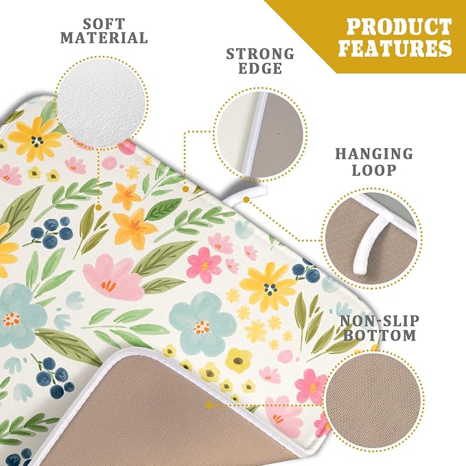 Spring Easter Floral Dish Drying Mat for Kitchen Counter 16x18 Green Pink Yellow Blue Cute Flower Print Absorbent Reversible Microfiber Drying Mats Kitchen Countertop Protector Dishes Drainer Pad