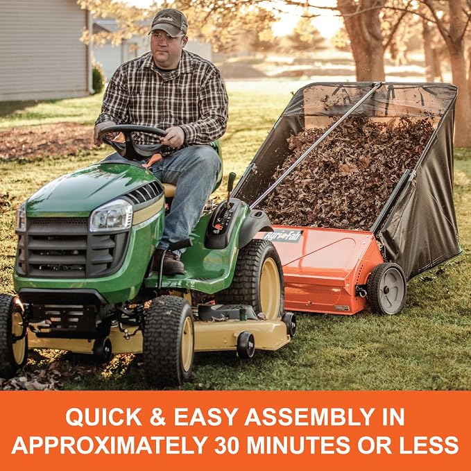 Agri-Fab 44 In Tow-Behind Lawn Sweeper with 28 Cu Ft Flow-Through Hopper Bag, Adjustable Brush Height, and Dump From Seat Handle