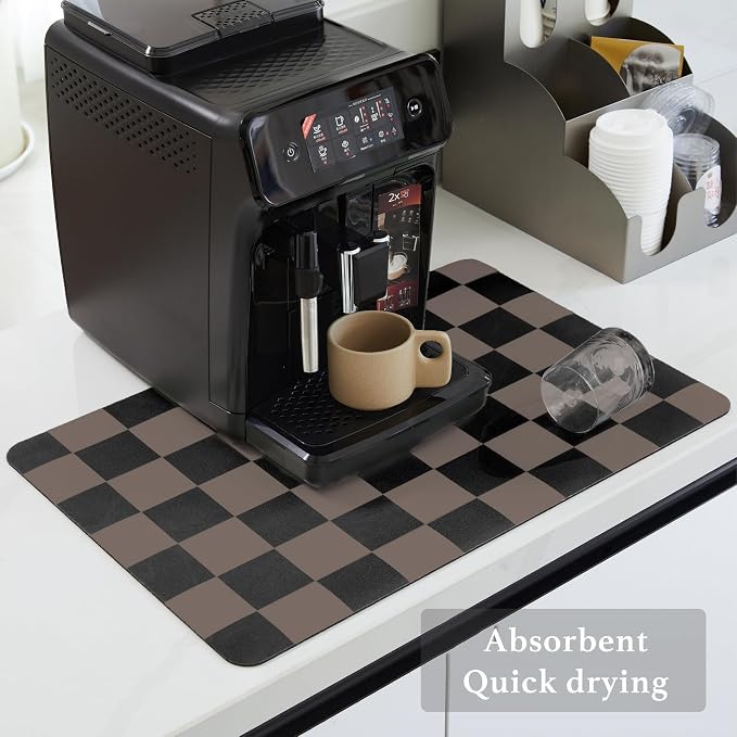 Ohocut Checkered Dish Drying Mat for Kitchen Counter, Coffee Bar Station Accessories, Retro Cute Aesthetic Modern Absorbent Drainer Mat Kitchen Drying Mat Easy Clean Brown and Black, 19" x 12"