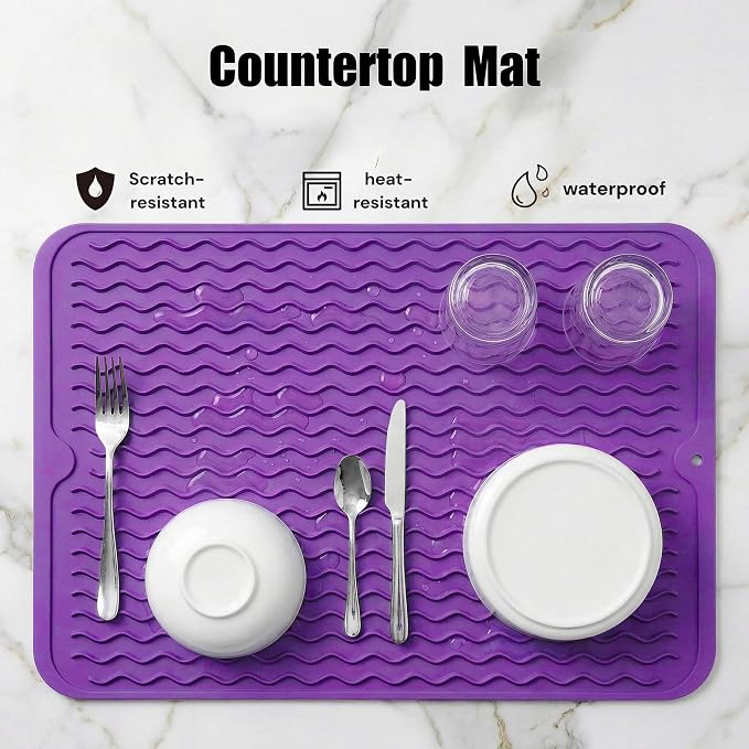 MicoYang Silicone Dish Drying Mat — Quick-Dry Ridges Counter & Sink Pad, Heat-Resistant Trivet to 450°F, Non-Slip & Dishwasher Safe, Roll-Up Storage, 18 Colors & 9 Sizes (Purple, 16"×12")