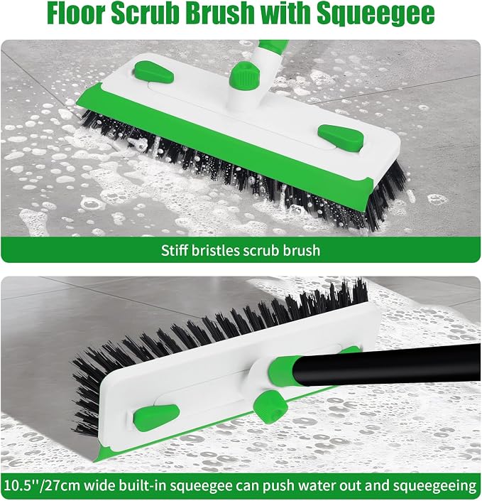 Floor Scrub Brush with Long Handle, 3-in-1 Scrape Scrubber Brush with Squeegee Stiff Bristle Deck Brush for Cleaning Tile Bathroom Patio Deck Garage Grout Kitchen