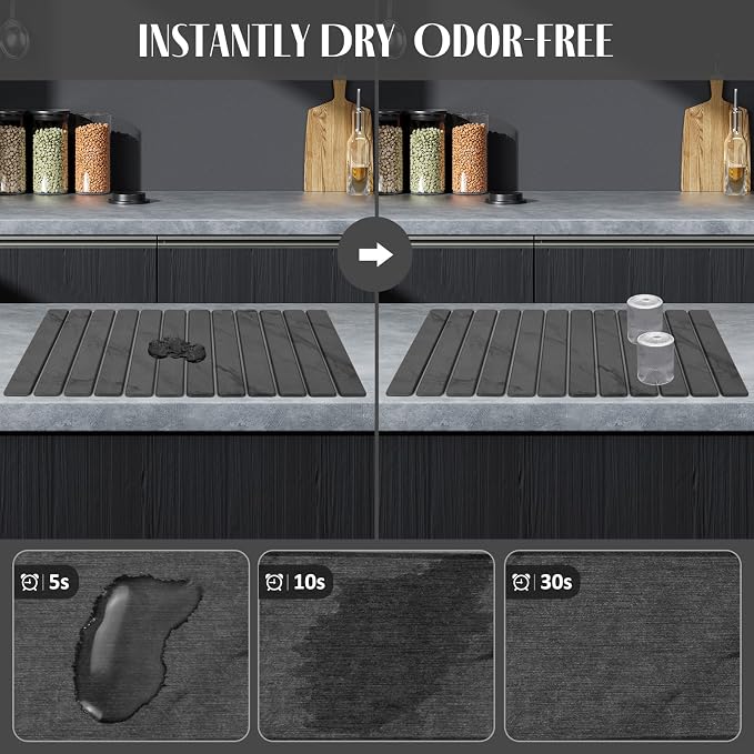 2 PCS Extra Large Stone Dish Drying Mat for Kitchen Counter, 28"×16" Marble Dish Drying Mat with 8"x 4" Coasters, Non - Slip Collapsible Absorbent Mat for Multi - Purpose, Match Any Countertop【Gray】