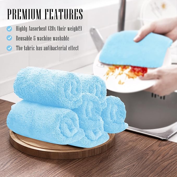 Sunny zzzZZ 24 Pack Kitchen Dishcloths - Does Not Shed Fluff - Reusable Dish Towels, Dish Cloths, Super Absorbent Coral Fleece Cleaning Cloths, Fast Drying, 10 x 20 Inch (Aquamarine)