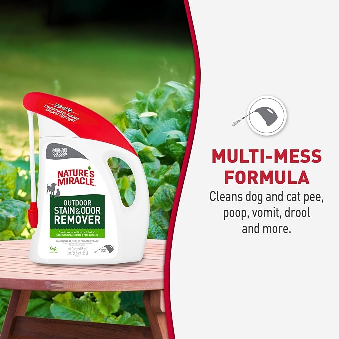 Nature's Miracle Outdoor Pet Stain & Odor Remover, 64 oz Flip & Go Sprayer | For Outdoor Dog & Cat Messes, Cleans Dog and Cat Pee, Poop, Vomit, Drool, Use On Decks, Patio Furniture, Concrete & More