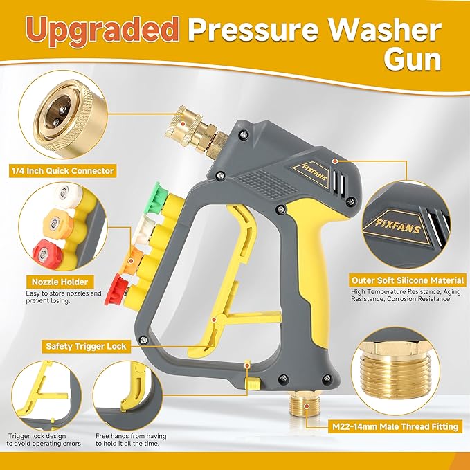 FIXFANS Foam Cannon Gun Dual Connector Accessory for Pressure Washer | Double Tip Attachment Soap Cannon with Power Washer Short Gun, Car Wash Foam Gun Kit, 1/4" Quick Connect, 5 Nozzle Tips