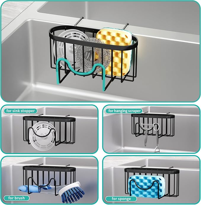 HapiRm Sponge Holder for Kitchen Sink - Rustproof Hanging Kitchen Caddy for Double-Bowl Sink, Center Divider width less than 1.5in- Black