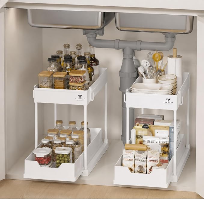 Under Sink Organizer, 2 Tier Pull-Out Storage Organizer with Sliding Drawer & Hooks, Multi-Purpose Cabinet Organizer for Kitchen, Bathroom, Pantry, Laundry Room & Office, White
