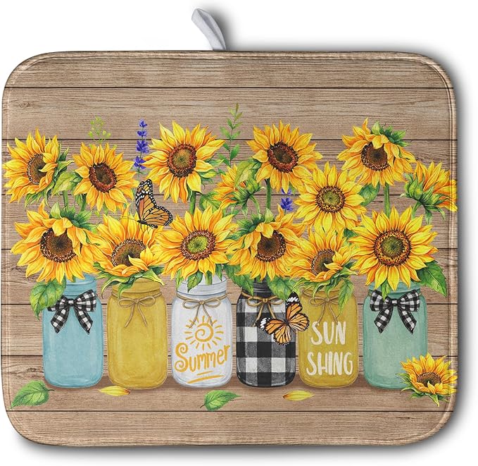 Sunflower Dish Drying Mat for Kitchen 16x18 Inch Counter Rustic Vintage Floral Vases Wood Grain Drying Mats Microfiber Absorbent Dishes Drying Pad Spring Summer Flowers Dish Drainer Rack Mat