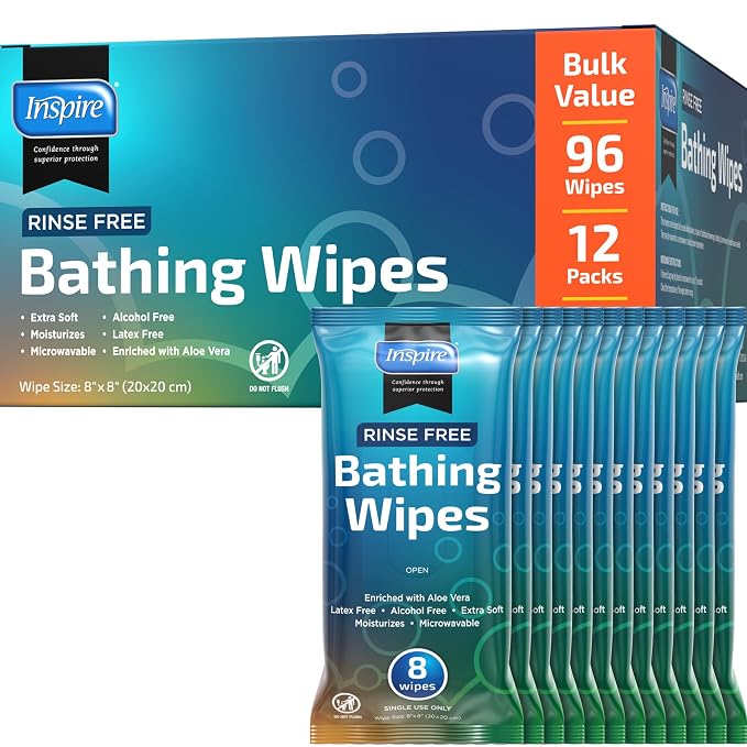 Body Wipes for adults bathing rinse free | Adult Wash Cloths Extra Large, Bathing Wipes for Incontinence With Aloe Vera, 8"x 8" In (96 count) | By Inspire