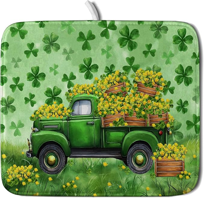 Holiday Truck Drying Dish Mat Green Lovely Clovers Decoration Cloth Dish Drain Mat Small
