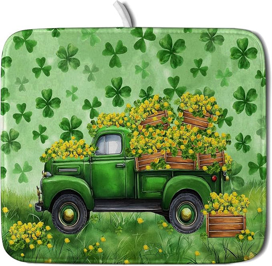 Holiday Truck Drying Dish Mat Green Lovely Clovers Decoration Cloth Dish Drain Mat Small