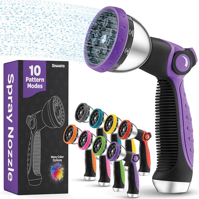 Hose Nozzle [Purple] Heavy Duty Hose Sprayer With 10 Adjustable Watering Patterns. Thumb Control Design, Comfortable Ergonomic Grip, Garden Hose Nozzle for Watering Plants & Lawns/Fun showers/Cleaning