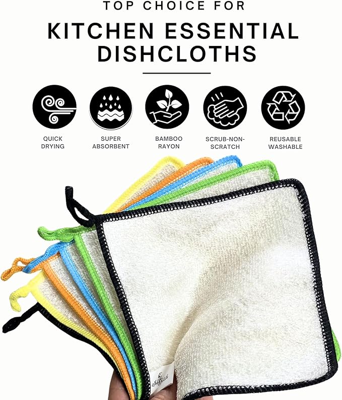 Whiffkitch Dishcloths Dishrags for Kitchen and Household Cleaning 6x7 6-Pack Non-Scratch 2-Ply Weave, Bamboo-Rayon Fabric, Absorbent, Washable, Long-Lasting