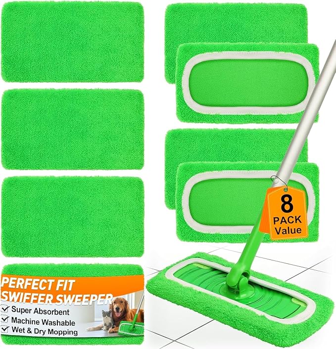 8 Pack Reusable Microfiber Mop Pads Replacement Compatible with Swiffer Sweeper, Machine Washable Mop Pads Refills for Wet & Dry Floor Cleaning, Mopping Cloths Fits Hardwood, Marble, Tile & Laminate