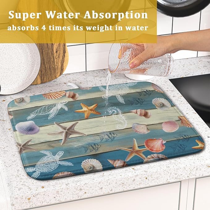 Giwawa Coastal Starfish Dish Drying Mat Summer Sea Turtle Drainer Rack Mat Absorbent Microfiber Kitchen Countertop Protector Dishes Pad 16x18 inch