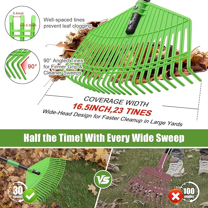 Plastic Leaf Rake - Upgraded Anti-Break Nylon Head,65" Adjustable Outdoor Yard Rakes for Leaves,Grass,Pine Needle,Mulch,Gentle On Lawn Garden - Lightweight for Women,Seniors & Kids,Childs