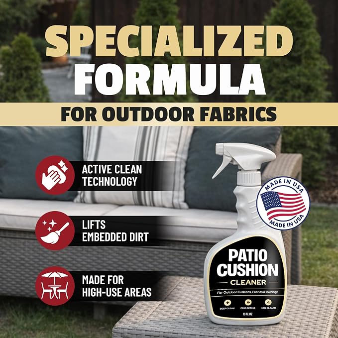 Patio Cushion Cleaner Outdoor Fabric Cleaner - Deep Cleans Dirt, Grime & Weather Stains on Furniture, Pillows, Umbrellas, Awnings & Covers – Non-Bleach, Designed for Canvas, Polyester & Acrylic, 16 oz