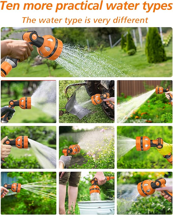 Garden Hose Nozzle, Heavy Duty Water Hose High Pressure Sprayer with 10 Watering Patterns, Thumb Control On Off Valve, for Watering outdoor Plants & Lawn, Car & Pet Washing-(Orange Red)