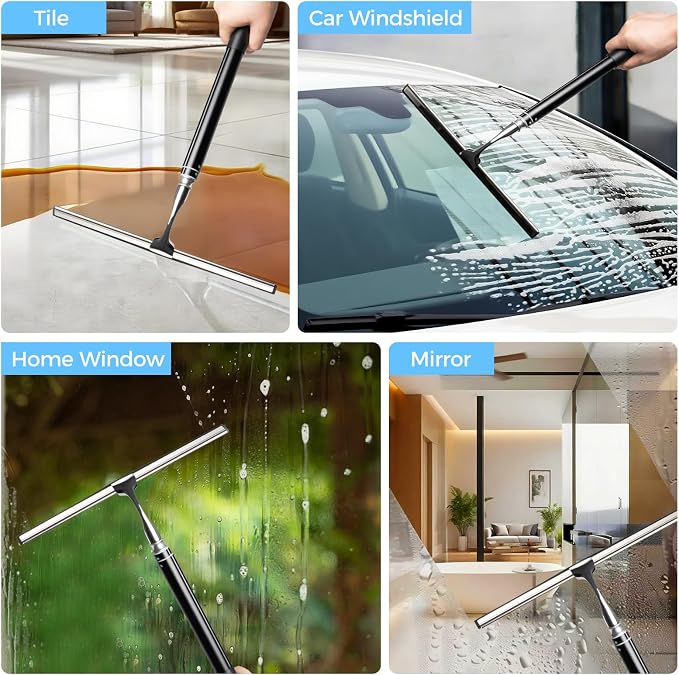 17“- 60" Extendable Long Handle 2-in-1 Window Squeegee Silver | 12.4" Wide Metal Shower Squeegee for Glass Doors, 2-in-1 Squeegee for Home Window Cleaning, Tile Wall, Car