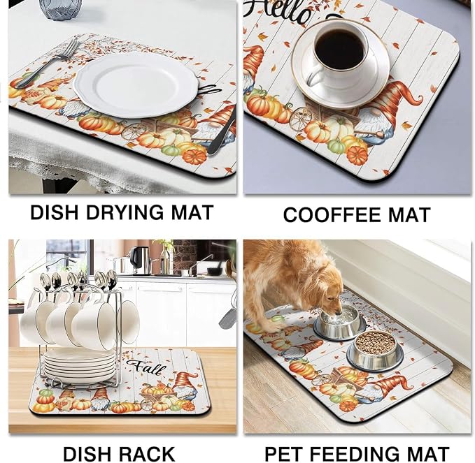 Fall Dish Drying Mat 2-Pack Gnomes Pumpkin for Kitchen Counter Dishes | Diatom Mud Mats (18x24, 19.5x12"). Non-slip rubber back for kitchen counter, coffee bar & sink scenes