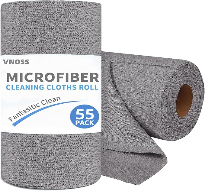55 Pack Microfiber Cleaning Cloth Roll, Tear Away Reusable Towels, 11" X 9", Ultra Absorbent & Lint Free Cloth for Cars, Kitchen, Window, Home and Shop, Grey