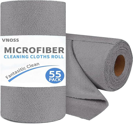 55 Pack Microfiber Cleaning Cloth Roll, Tear Away Reusable Towels, 11" X 9", Ultra Absorbent & Lint Free Cloth for Cars, Kitchen, Window, Home and Shop, Grey