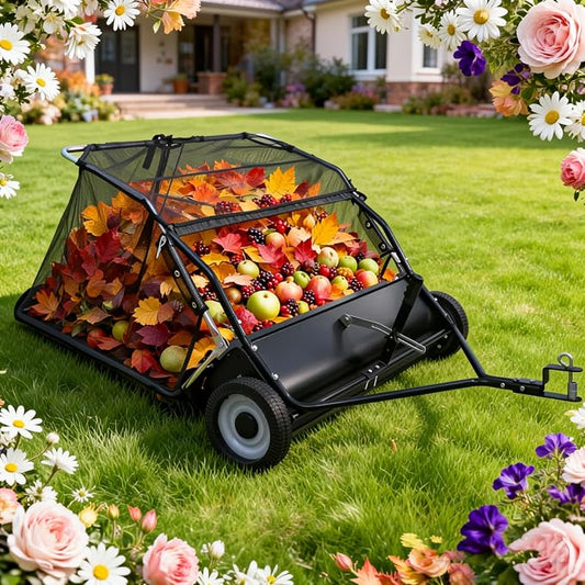 44" Tow Behind Lawn Sweeper Pull Behind Grass Sweeper with 25 cu. ft Large Heavy Duty Leaf & Grass Collector for Lawn and Yard Cleanup Tool Black（US Fast Arrival）