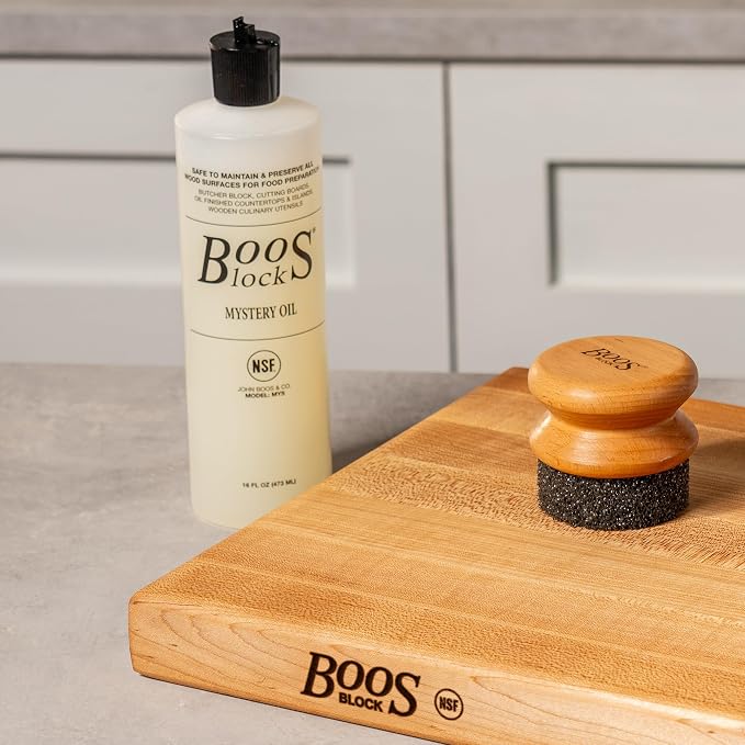 John Boos 3-Piece Care Set, 2-Pack 16 oz Mystery Oil & Round Beechwood Applicator - All-Natural Maintenance Formula for Butcher Blocks, Wooden Countertops & Wood Utensils