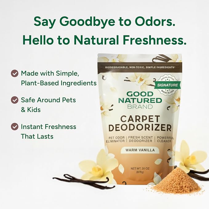 Good Natured Brand | Carpet Freshener & Deodorizer Powder | 31 oz Pet Odor Eliminator for Strong Odor & Pet Urine | Fresh Natural Warm Vanilla Scent | Safe for Homes with Pets