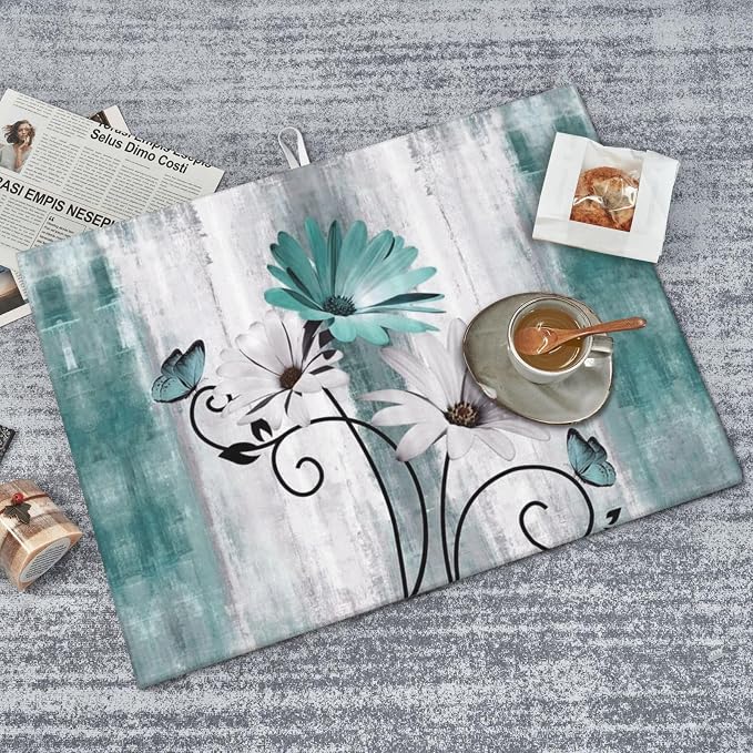 Floral Dish Drying Mat 18x24 Inches For Kitchen Counter Summer Spring Teal Blue Daisy Flower Kitchen Decoration Drying Mat Modern Decorative Drying Pad For Home Kitchen Decor,Dining Room,Office