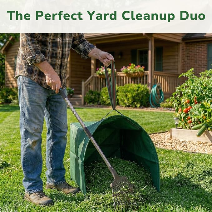 GreatBuddy Leaf Rake and Leaf Bags Combo, Adjustable Metal Garden Rake 29''-72'' 11 Tines, 2 Pack 53 Gallon Reusable Yard Waste Bags, Heavy Duty Lawn Rake with Dustpan Leaf Collector for Yard Cleanup