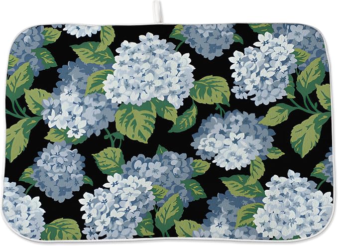 Spring Floral Dish Drying Mat 18x24 Inches For Kitchen Counter Absorbent Black Blue Hydrangea Flower Kitchen Decoration Summer Floral Drying Mat Pad For Home Kitchen,Dining Room,Office Decor