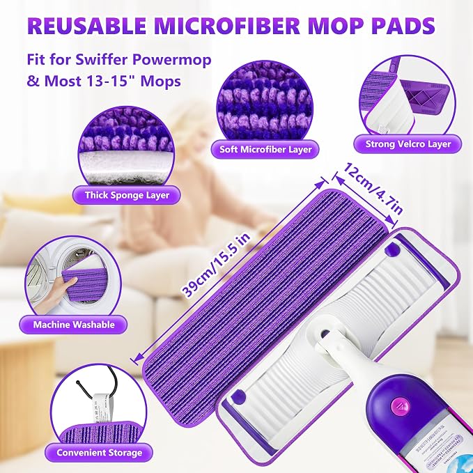 BPAWA Microfiber Mops for Floor Cleaning: Flat Mop for Wood Tile Laminate | 4 Washable Pads fit for Swiffer PowerMop, 59" Adjustable Handle, Dry & Wet Mopping Home Kitchen Hardwood Vinyl Multi-surfaces