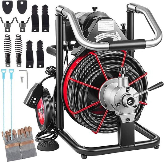 100 FT x 1/2 Inch Drain Cleaner Machine, 550W Electric Drain Auger with Auto Feed, Foot Switch & 8 Cutters, Sewer Snake for 1–4 Inch Pipes, Commercial Drain Cleaning Machine