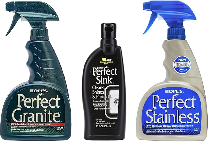 HOPE'S Perfect Stainless, Perfect Granite, and Perfect Sink Cleaner Bundle, Streak Free Polishing Kitchen Cleaners Removes Stains, Restores, and Repels Water, 3 Pack