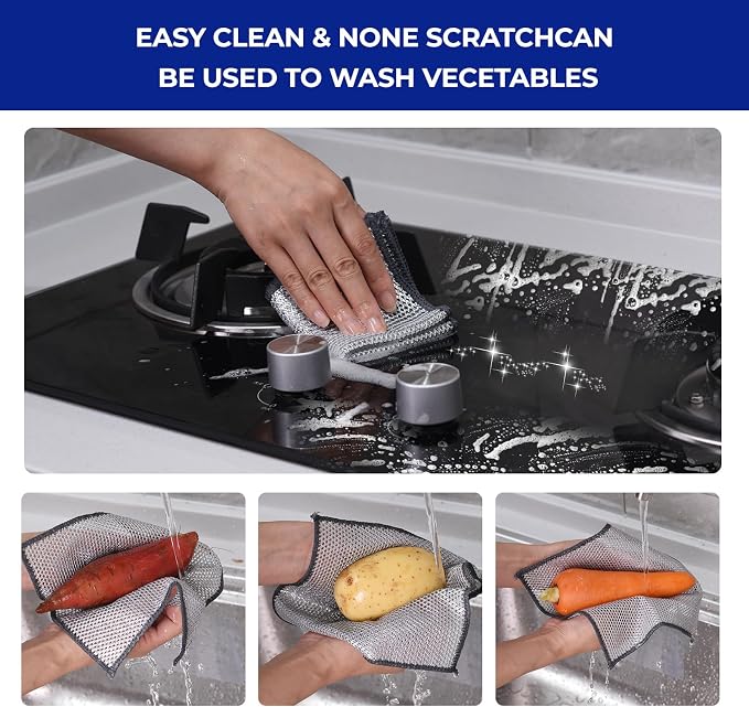 Wangjinpeng 50 Pcs New Upgrade 3-Layer Metal Dish Cloths, Non-Scratch Odor-Free Multipurpose Wire Dishwashing Rags for Wet Dry Use, Kitchen Cleaning Cloths for Dishes, Sinks & Stove Tops(7.87X7.87)