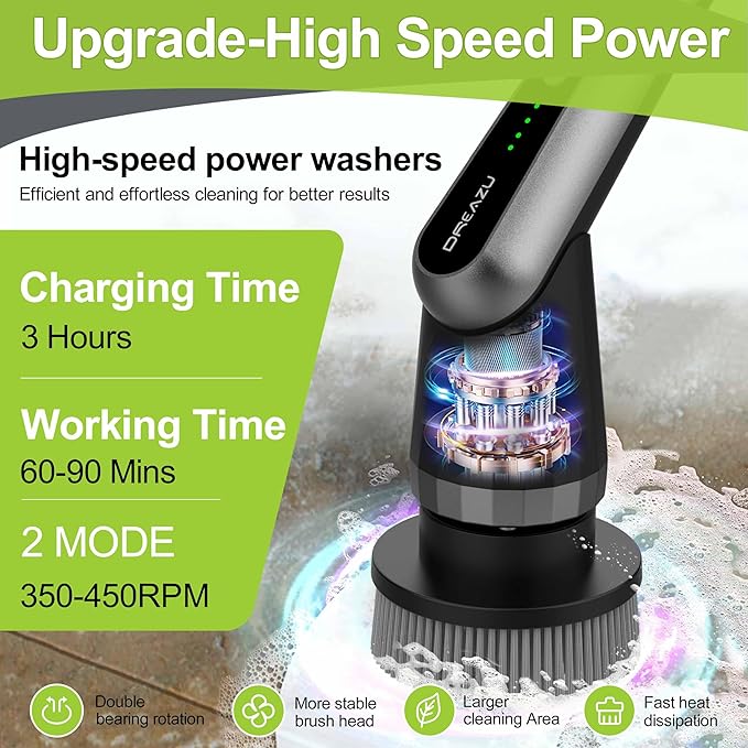 Dreazu Pro Electric Spin Scrubber, 10-in-1 Shower Scrubber & Retractable Long Handle, 44 lbs High-Torque & Variable Speed Shower Cleaning Brush for Bathroom,Toilet, Bathtub, Kitchen, Tile Floors, Car