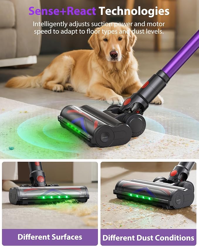 Cordless Vacuum Cleaner, 75Mins/55KPa/650W, Rechargeable | 10 Stage Filtration, Cone Filtration&Anti-Tangle, Extra Washable HEPA Filter, for Hard Floor, Carpet, Pet Hair, Freestanding