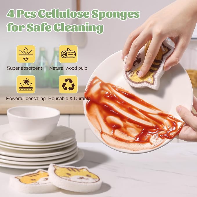 JOYMOOP Cartoon Kitchen Sponge, Cellulose Sponges for Cleaning, 4 Pack Non-Scratch Sponges for Dishes, Reusable Sponge for Household Cleaning - Kitten Pattern