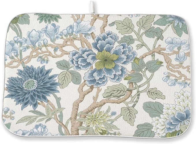 Chinoiserie Dish Drying Mat 18x24 Inch Vintage Sage Green Blue Floral Drying Mat Boho Spring Summer Seasonal Absorbent Dish Drying Pad Dish Rack Drainer Mats for Kitchen Dining Counter