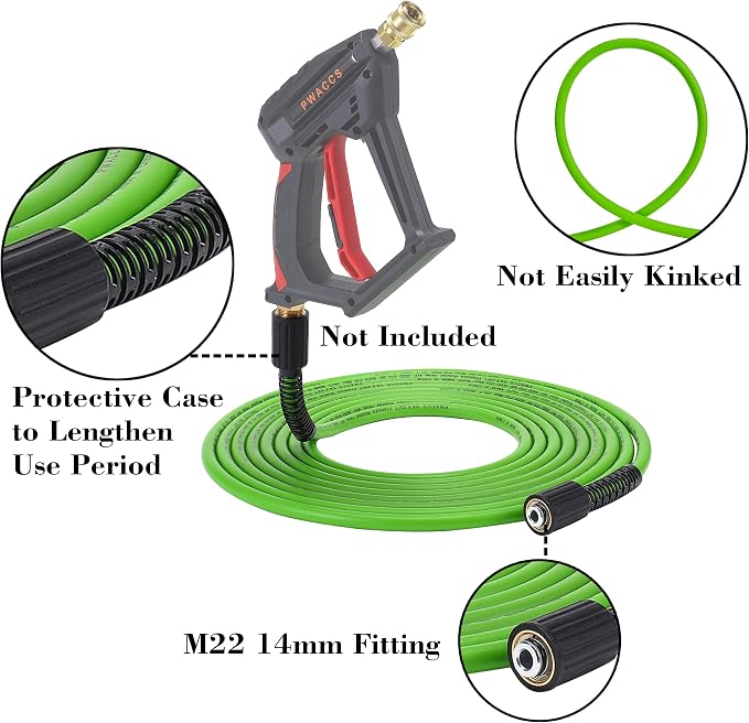 PWACCS Pressure Washer Hose, 1/4" x 25 FT Flexible Power Washing Hose | 3600 PSI High Pressure Replacement Hose, Pressure Washing Extension Hoses, Compatible with M22 Fittings