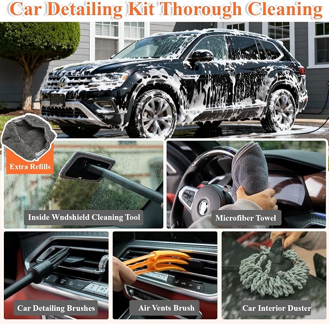 21Pcs Car Wash Kit with 60" Heavy-Duty Extension Pole, Soft Car Wash Brush, Wheel & Tire Brush, Scratch-Free Car Mop Mitt & Window Squeegee, Detailing Tool for Car Exterior & Interior Cleaning