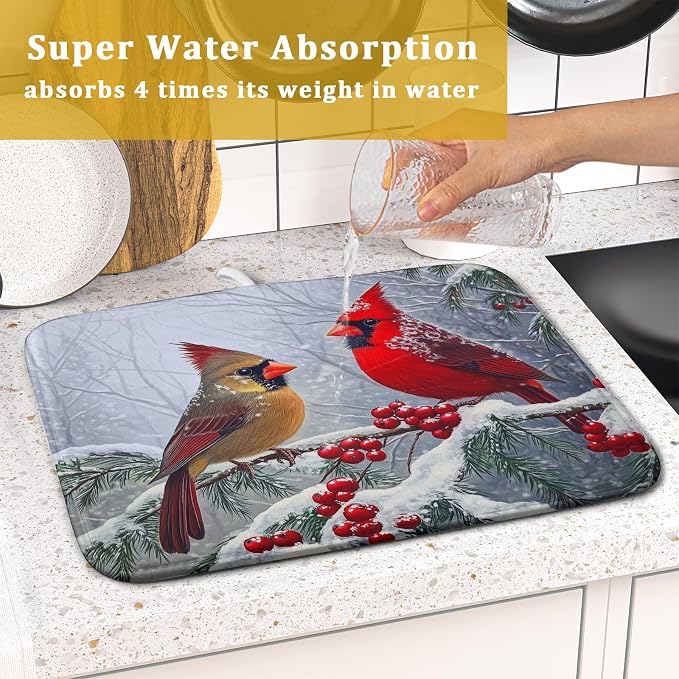 Christmas Bird Dish Drying Mat for Kitchen Counter 16 x 18 Inches Red Winter Absorbent Reversible Microfiber Mats for Berry Dish Rack Pad Drainer Mat for Coffee Bar Decor