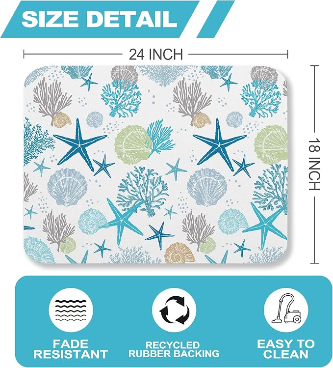 Summer Coastal Shell Dish Drying Mat for Kitchen Counter Sink, Blue Absorbent Microfiber Drying Pad, Reversible Beach Decor Countertop Mat